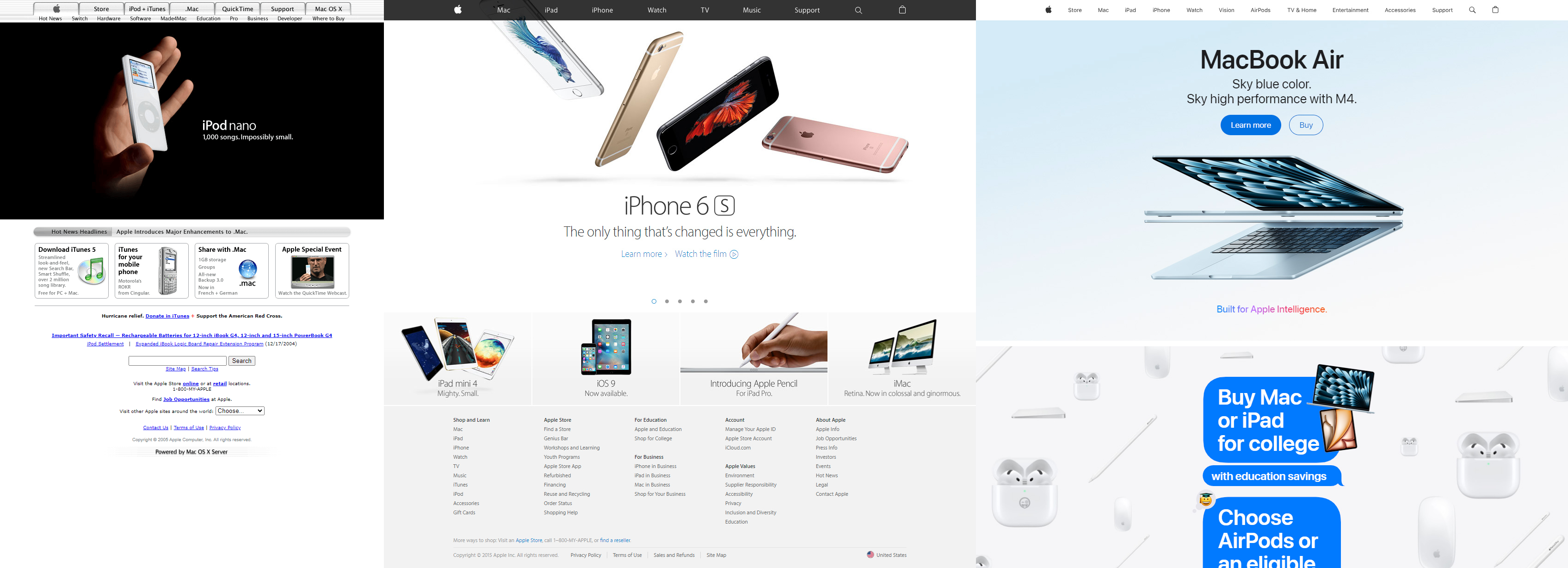 Side-by-side comparison of Apple's websites in 2005, 2015 and 2025